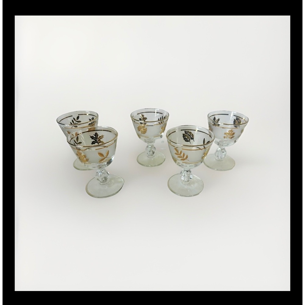 Vintage Libbey Golden Foliage Cordial Glasses Set of 5 Gold Leaf MCM Barware